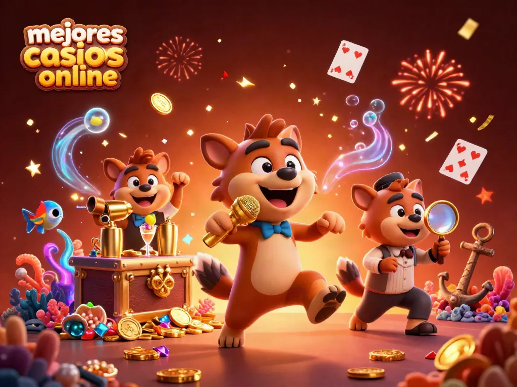 Disfruta de los mejores casinos online en una escena vibrante con personajes animados.
