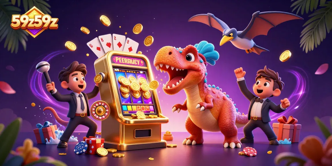 Experience excitement with 59z59z as dinosaurs activate jackpots amidst a vibrant casino scene.