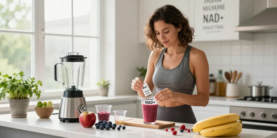 NAD+ benefits highlighted in a vibrant kitchen smoothie preparation scene with fresh ingredients and Recharge NAD+ Buccal Strips.