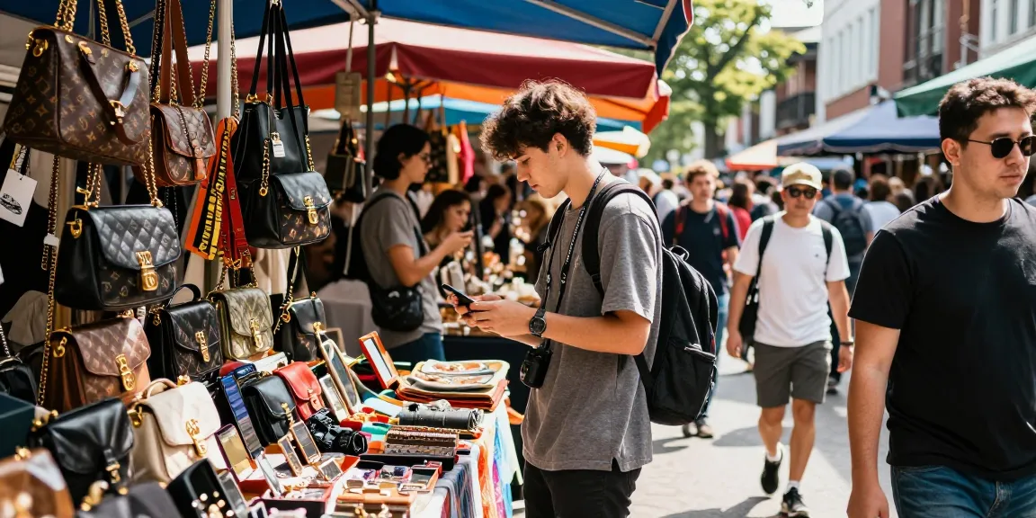Stylish consumer exploring 레플리카 사이트 items in a bustling street market with vibrant displays.