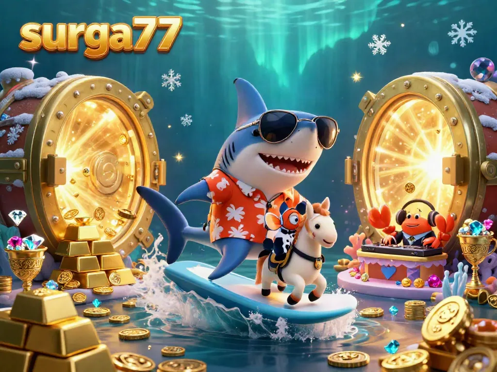 Experience thrilling slot adventures with surga777 in a vibrant underwater casino scene!
