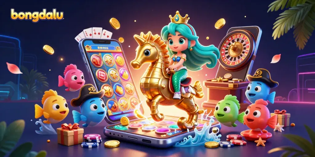 Bongdalu illustrates a vibrant casino scene with a mermaid princess and a giant seahorse amidst colorful gaming elements.