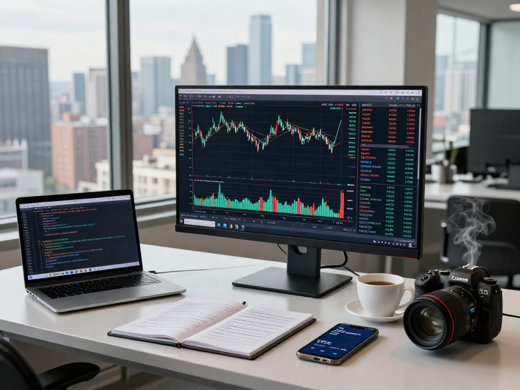 TradingView workspace showcasing dynamic financial charts and trading strategy notes in a modern office setting.