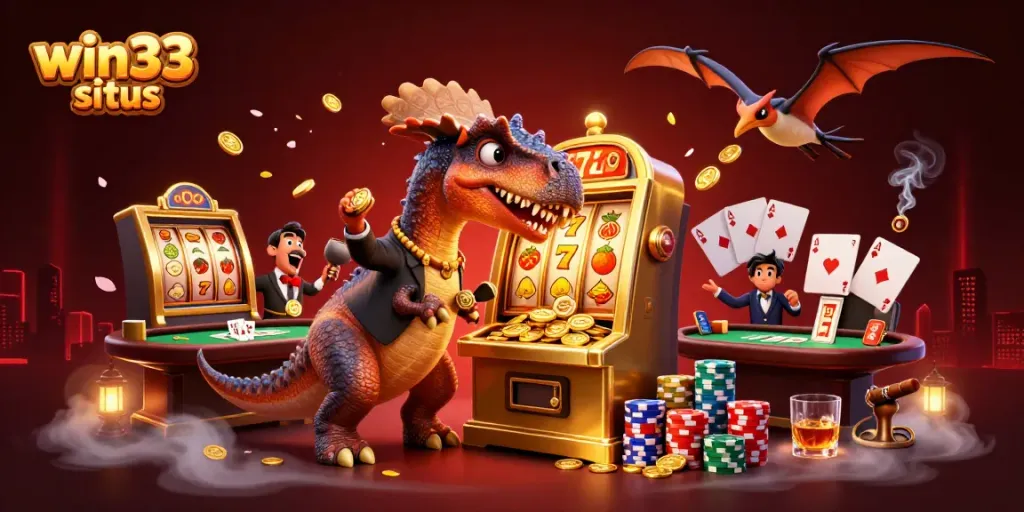 Experience excitement at win33 situs as a pachycephalosaurus hits the jackpot, surrounded by vibrant casino elements.