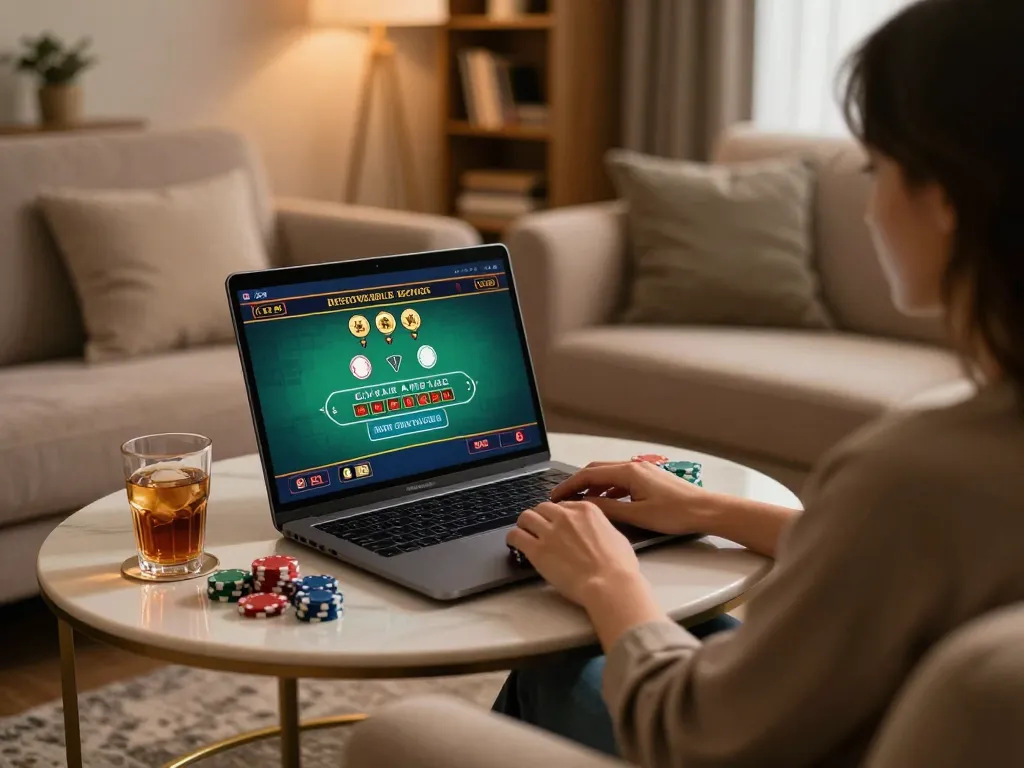 Engaged player enjoying SHBET live dealer blackjack at home with cozy setup.