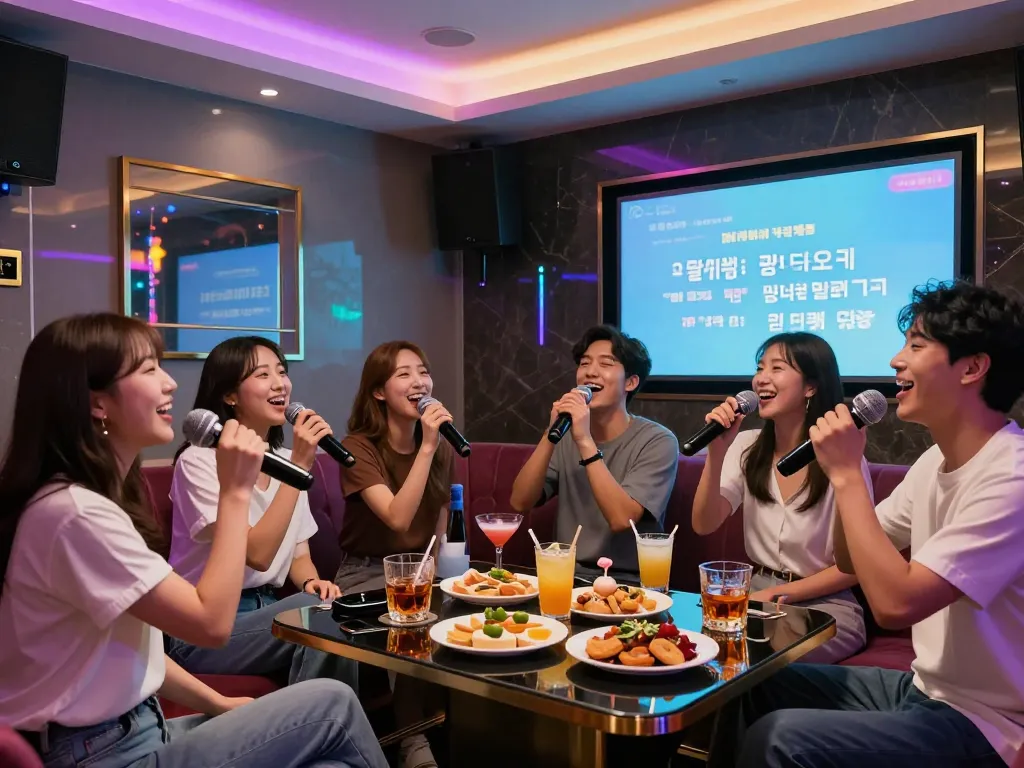 Enjoying a lively night at 강남가라오케 private room with friends singing and cocktails.