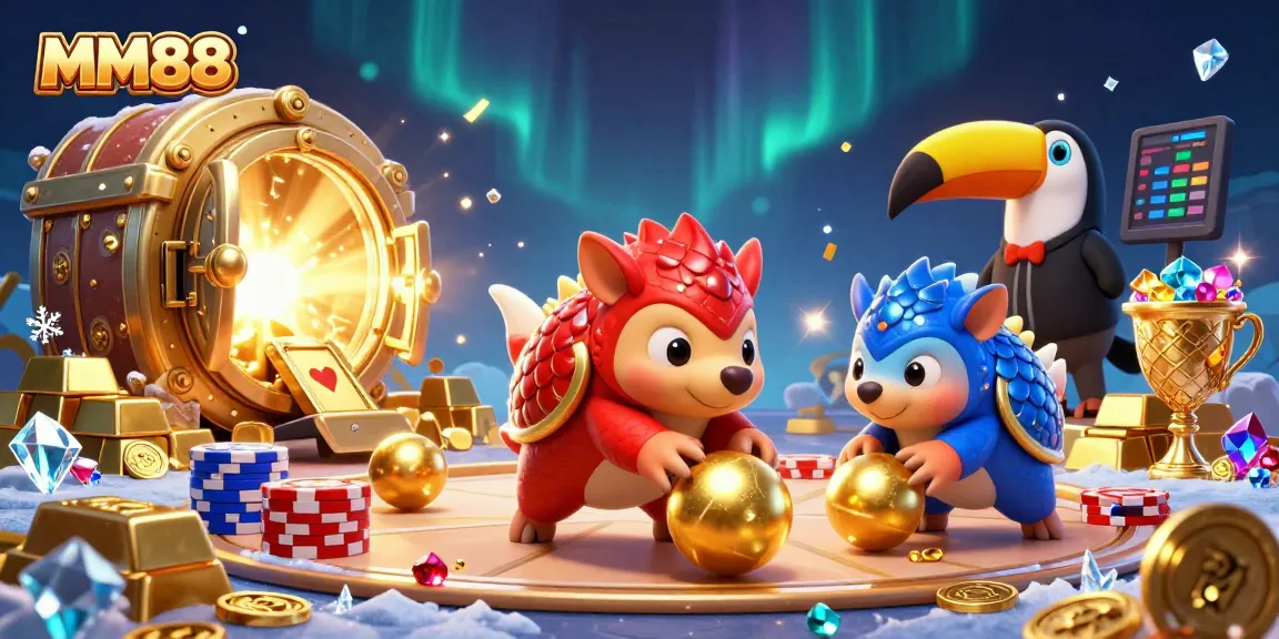 MM88 pangolins engage in a thrilling slot game, amidst floating treasures and poker chips