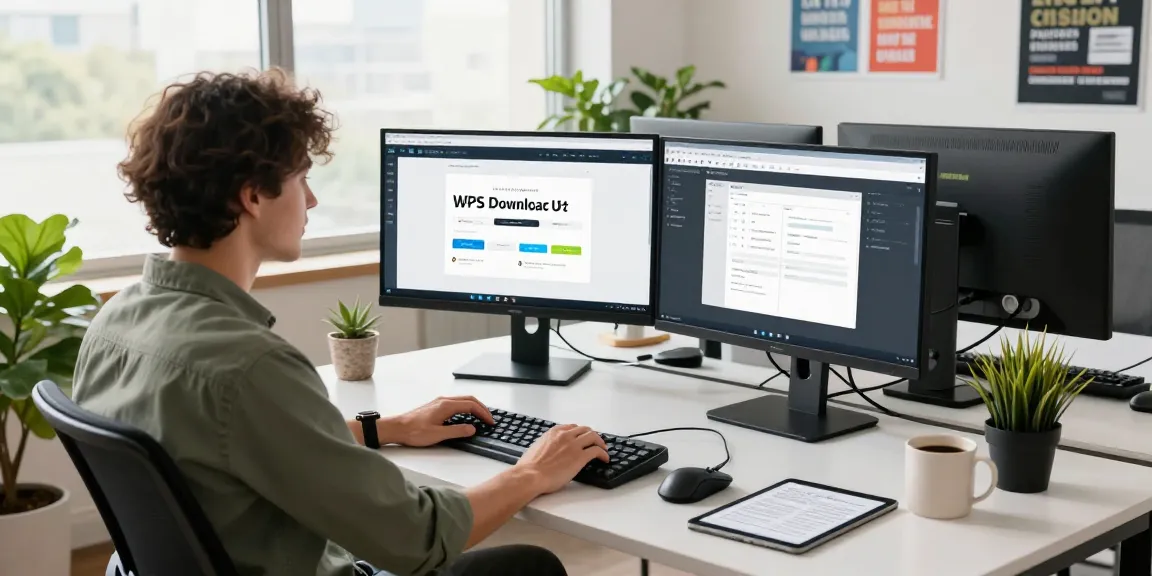 A developer actively engaged with WPS Download on a dual-monitor setup in a modern workspace, showcasing a productive tech environment.