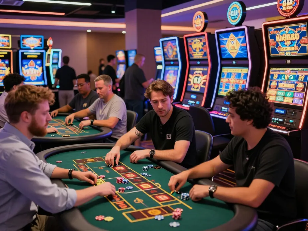 Exciting nk88 casino scene with players enjoying various games and colorful décor.
