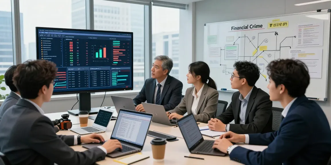 Team analyzing financial crime intelligence data to prevent fraud in a modern office.