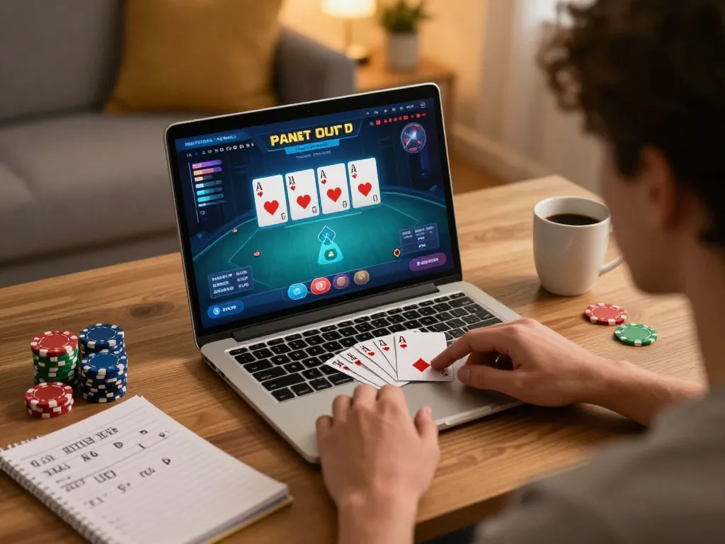 Engaging in ดูหนังออนไลน์ while enjoying an online poker game with focused strategies and cozy setup.
