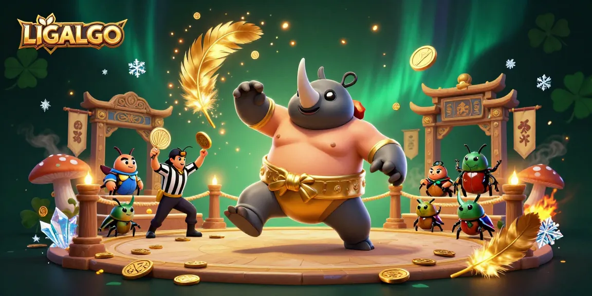 LIGALGO showcases a dynamic gambling scene with a beetle champion and golden coins flying during an epic match.