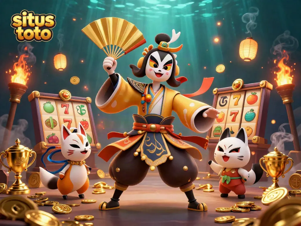 Engage in thrilling gaming adventures at situs toto with a dynamic kabuki warrior and vibrant elements.