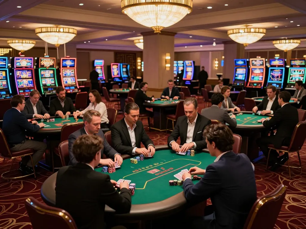 A lively scene at the 789 club casino with players engaged in poker games and dynamic dealer interactions.
