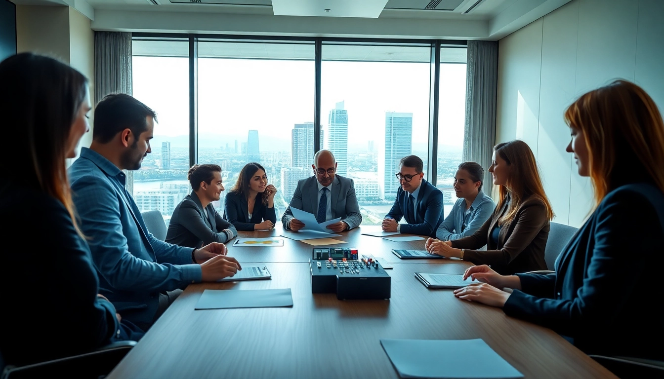 Investors discussing Soparfi benefits during a professional meeting.