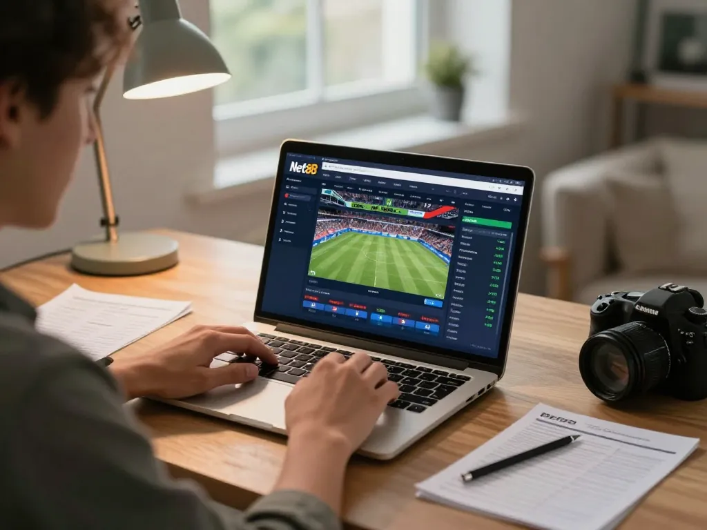 Engaging in online sports betting at home with Net88 betting platform.