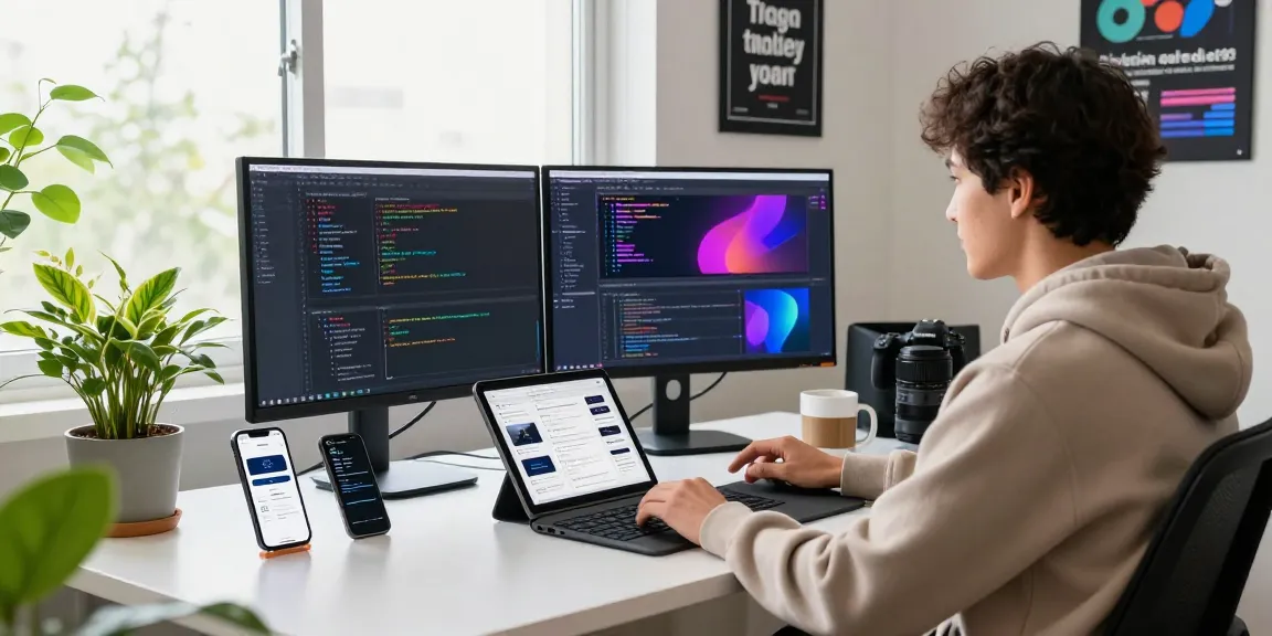 Paper airplane app interface on dual monitors with coding screens in a modern workspace.