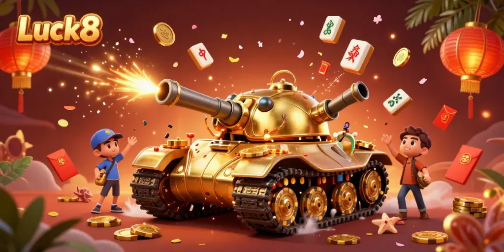 Luck8's exciting casino mini-world featuring a golden beetle tank and dynamic game elements in vibrant colors.