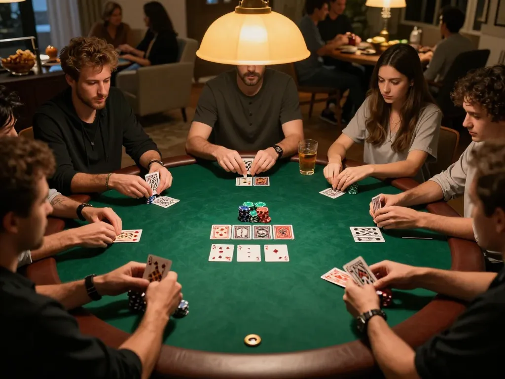 Engaged players in a home poker game scene referencing hidden wiki links for online strategy.