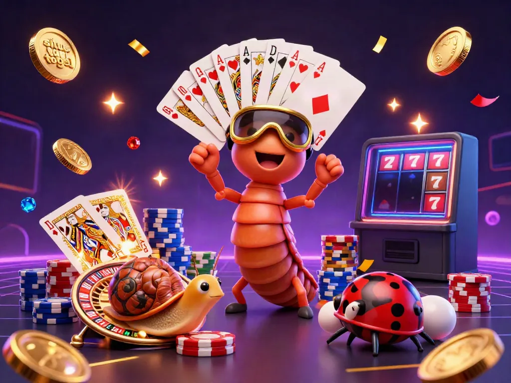 Experience the excitement of situs toto togel with a vibrant 3D illustration of a whimsical millipede dealer and high-roller sounds.
