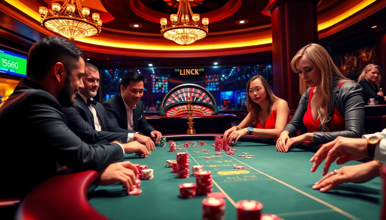 Experience the excitement of LINK LC88 with a luxurious poker scene, vibrant chips, and focused gamblers.
