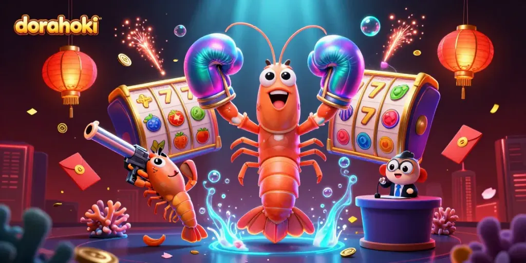 Dorahoki memberi kesan menarik dengan ilustrasi 3D udang mantis dan simbol perjudian berkilau.