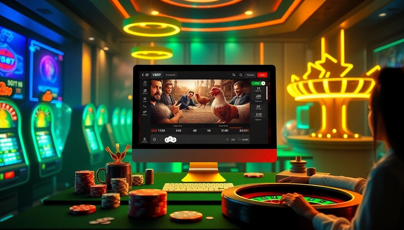 Experience live betting on Gà VB79 with vibrant digital casino elements in the scene.