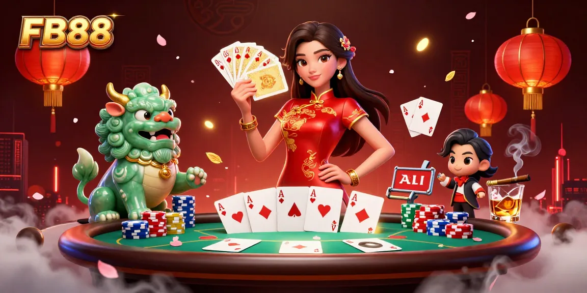 Experience the thrilling world of FB88 as a woman in a qipao holds golden cards, surrounded by poker action.
