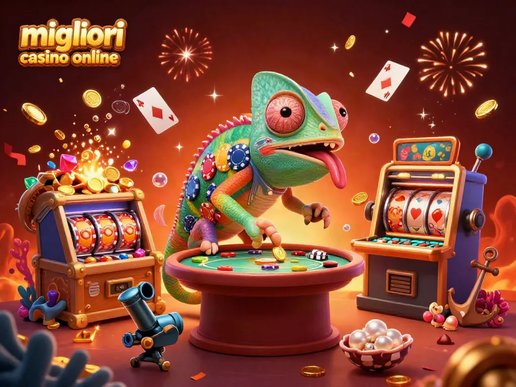 Giocando nei migliori casino online tra giochi e divertimento, con un camaleonte che attira monete d'oro.