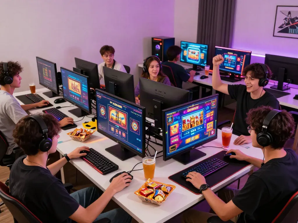 Engaging scene of diverse gamers enjoying situs slot gacor games at home with vibrant setups.