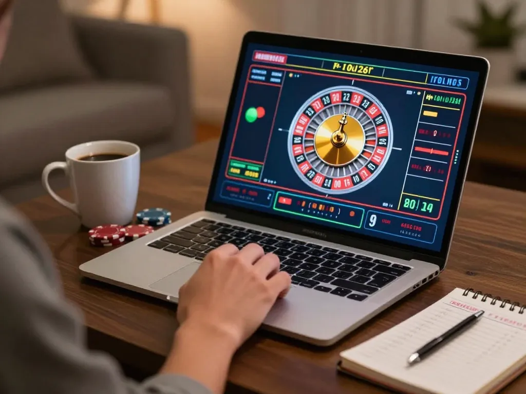 Engaging online gambling moment with player placing chips on fly88 roulette game interface in cozy home setting.