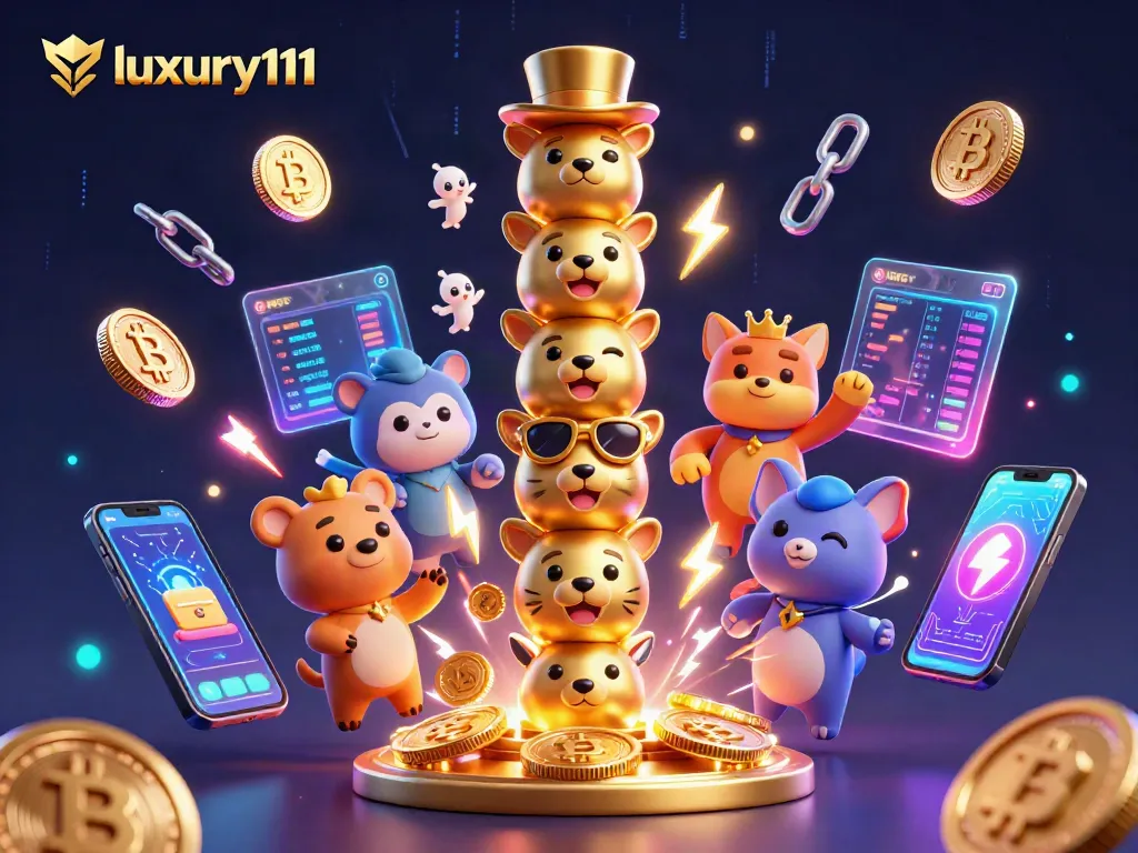 Engage with luxury111's gaming world through a vibrant 3D scene featuring a golden totem pole, crypto coins, and electrifying game elements.