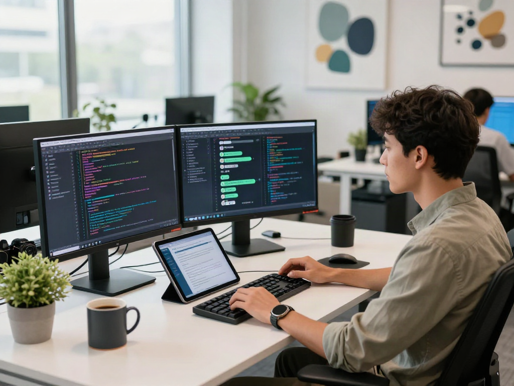 Developer coding at a sleek desk with gb whatsapp notifications, showcasing a modern workspace.