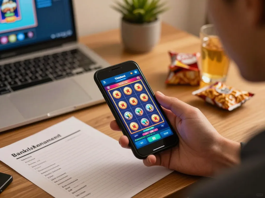 Engaging slot thailand gaming experience on smartphone in a cozy home setting