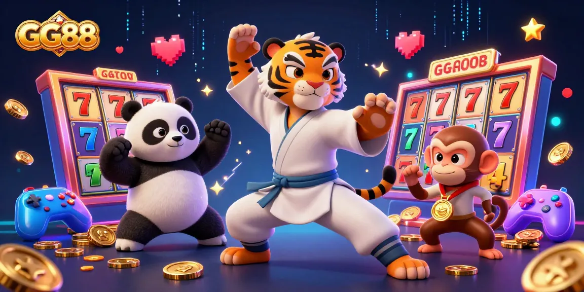 Experience the thrill of GG88 as the kung fu tiger master showcases his skills amidst vibrant casino elements.