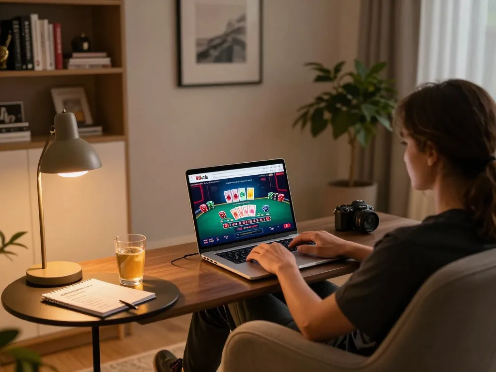 Person playing at 88clb online casino on laptop in a cozy home setup