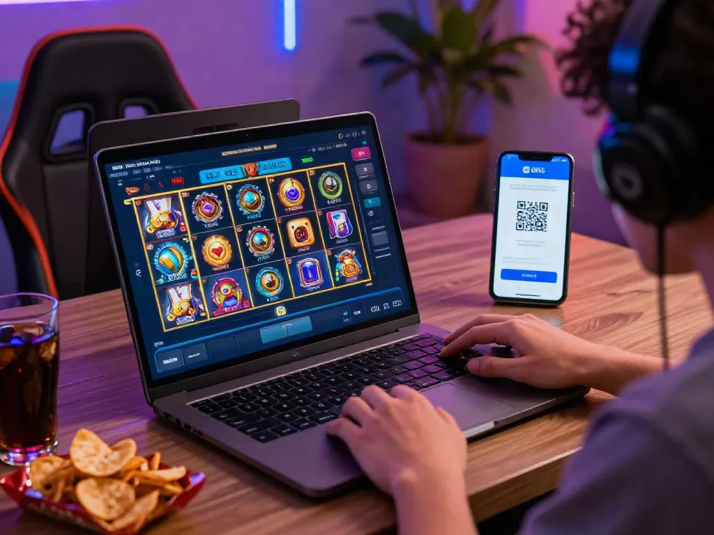Player enjoying slot Thailand games on a laptop, showcasing vibrant gaming experience.