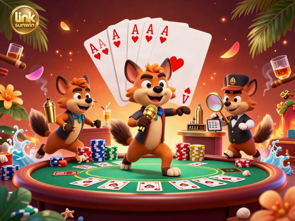Hyenas performing in a vibrant casino scene, promoting the link sunwin brand with a comedic touch.