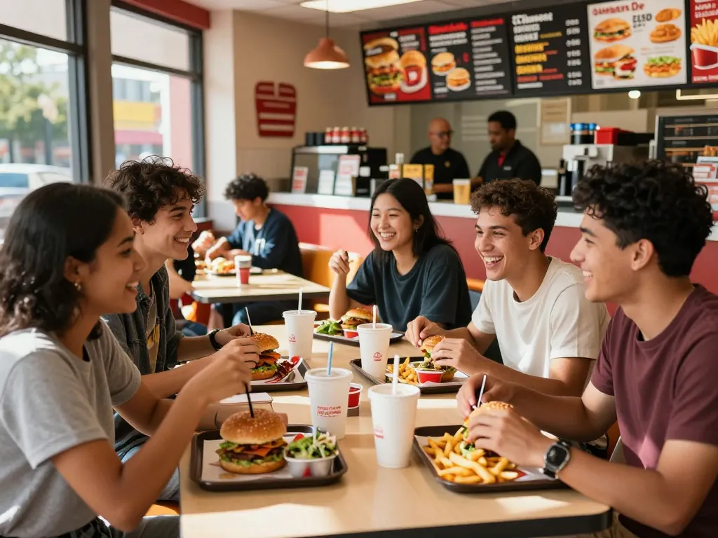 Fast food prices displayed on menu in a vibrant restaurant with friends enjoying meals.