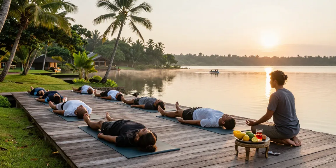 Yoga teacher training Sri Lanka with aspiring teachers practicing on a lakeside at sunrise, serene and tranquil atmosphere.