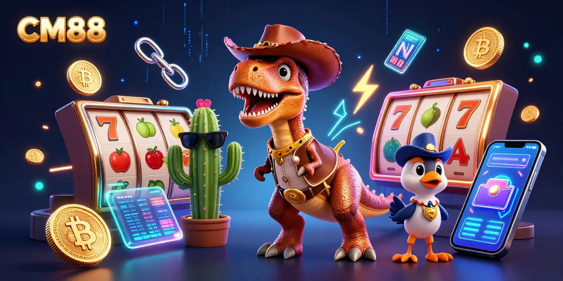 Experience CM88 casino action in a vibrant 3D illustration with slots and crypto elements.