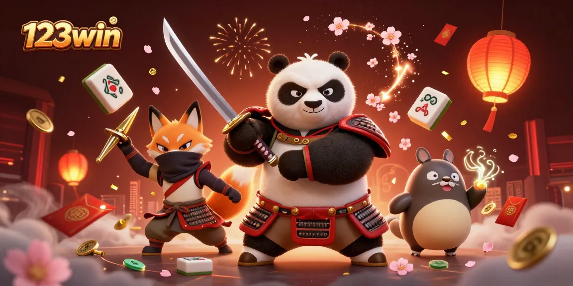 Experience thrilling gameplay at 123win with cartoon samurai panda and ninja fox in a vibrant casino scene.
