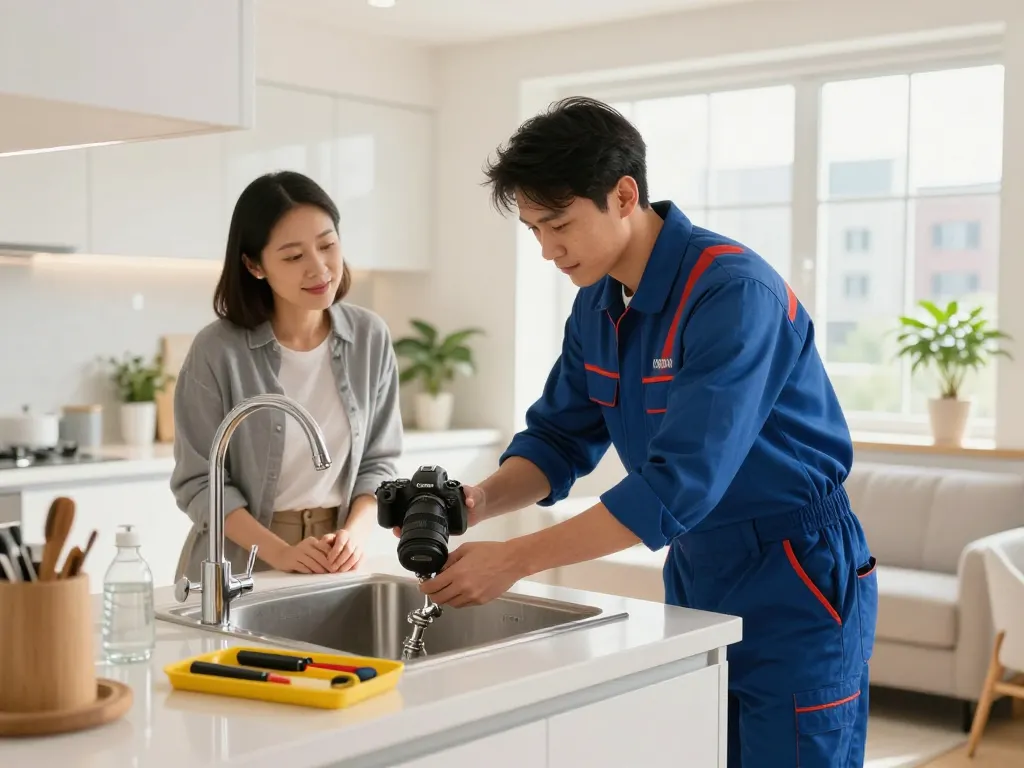 Técnico proporcionando reparación de plomería servicios a domicilio en un fregadero de cocina, enfatizando la confiabilidad del servicio a domicilio.