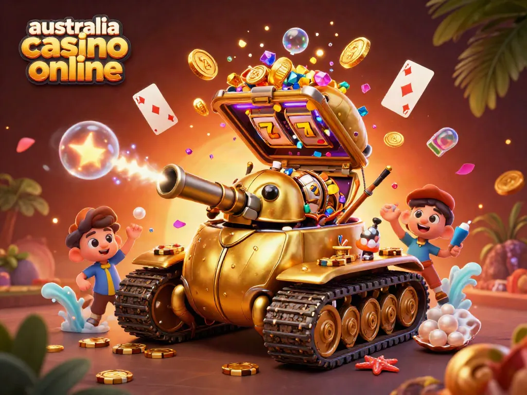Engaging australia casino online scene with a golden beetle tank revealing a miniature casino, vibrant underwater treasures, and colorful playing cards.
