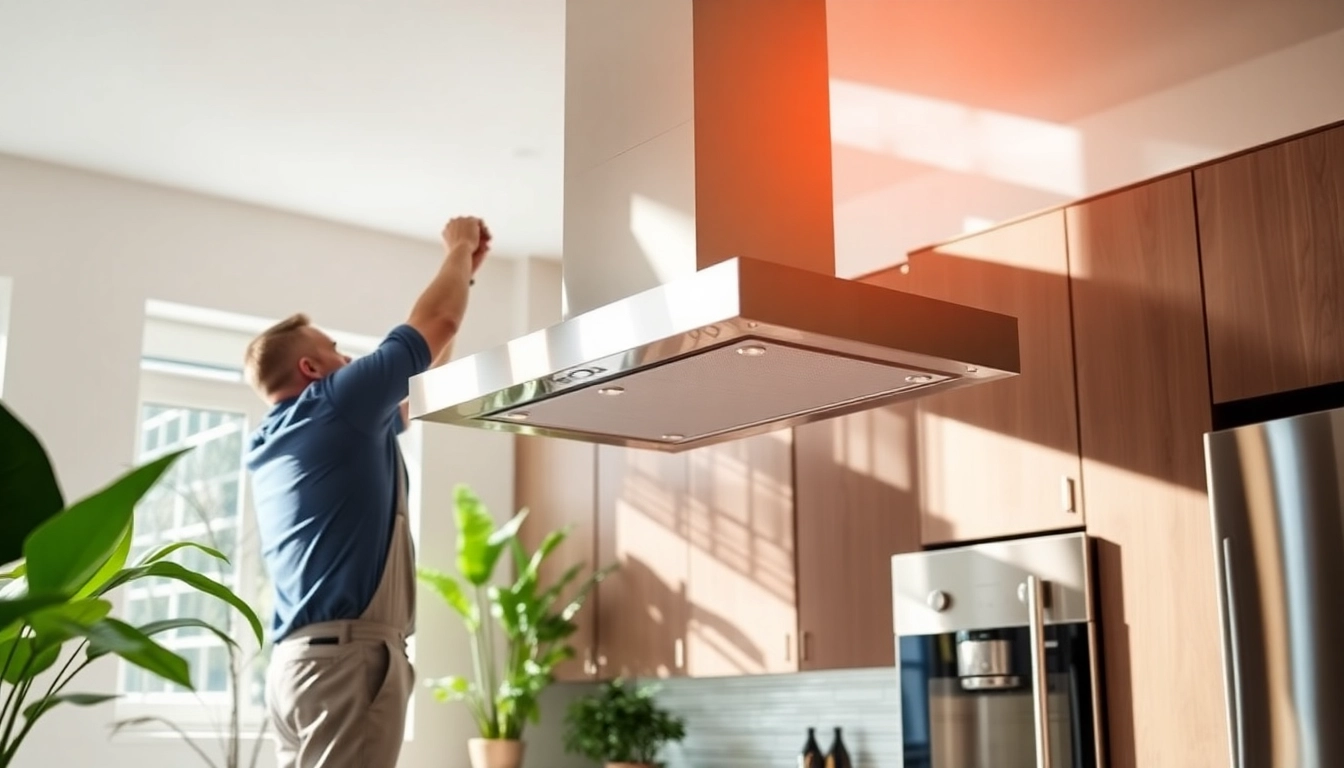Expert performing Range Hood Installation in a modern kitchen setting with stainless steel appliances.