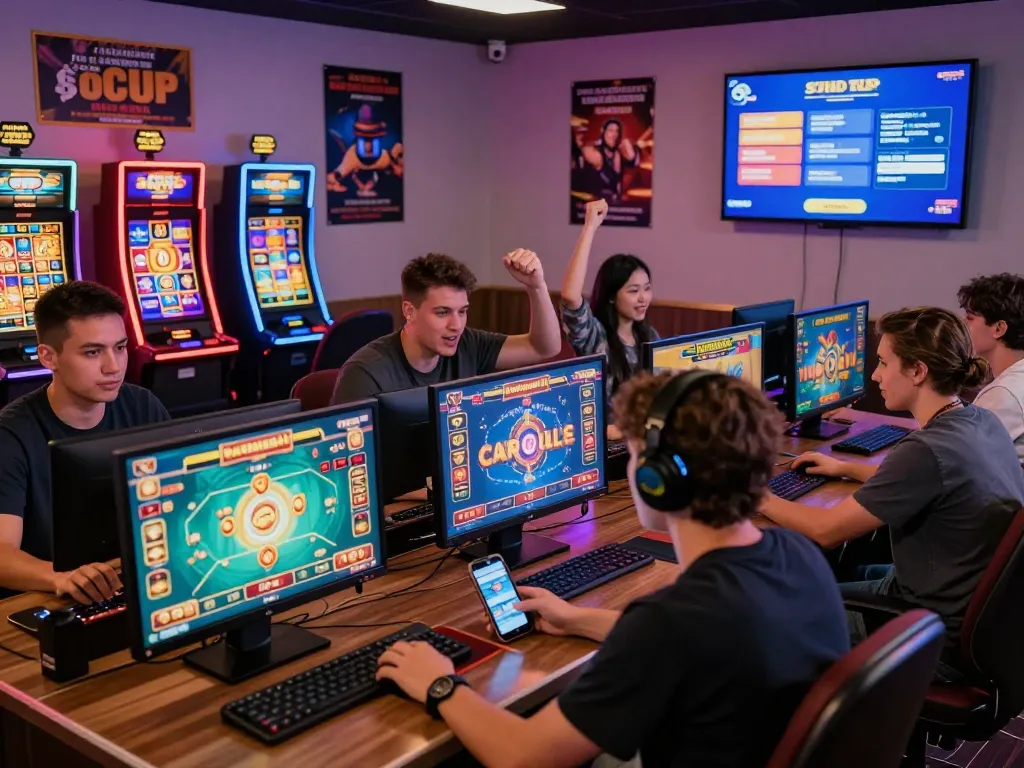 EE88 gaming scene with players enjoying various online casino games and celebrations.
