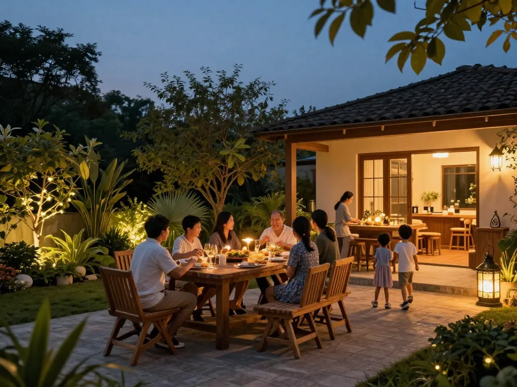 Dusk to dawn outdoor lights creating a warm, inviting atmosphere in an outdoor garden setting.