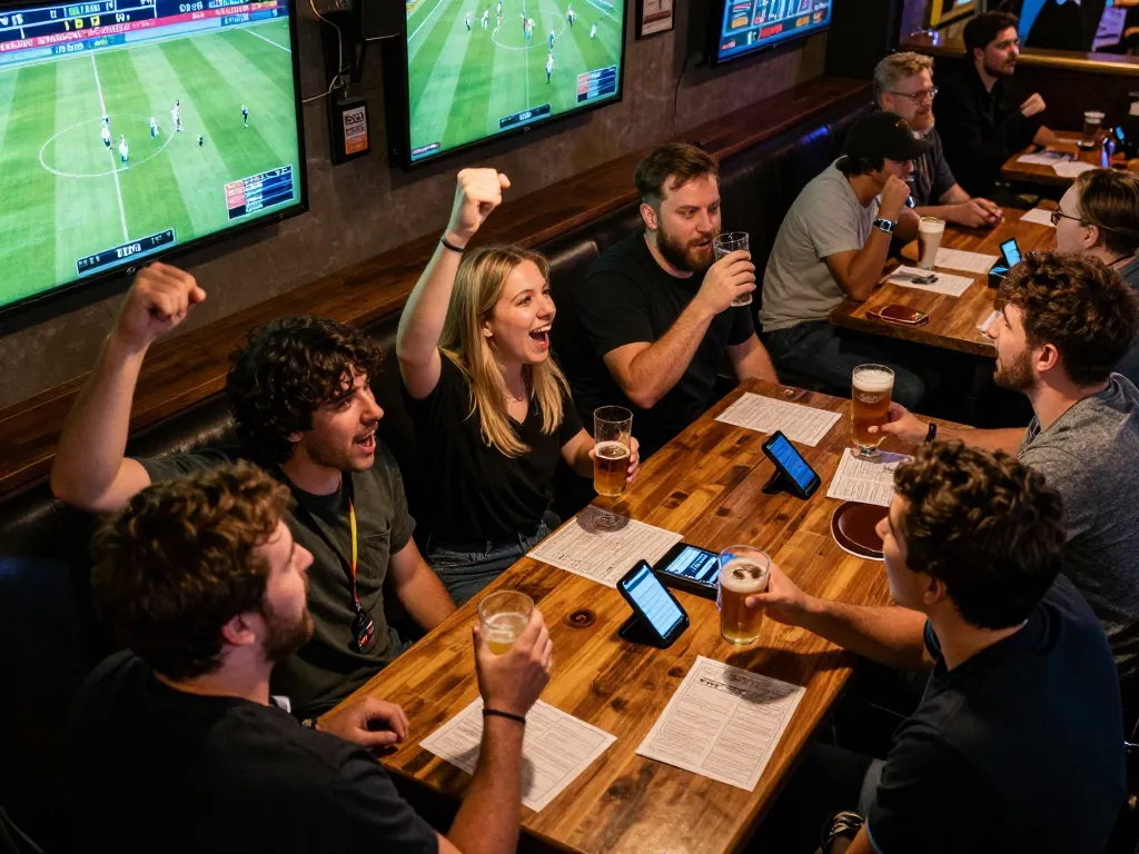 Socolive users engaging in sports betting while watching live matches with friends at a vibrant sports bar