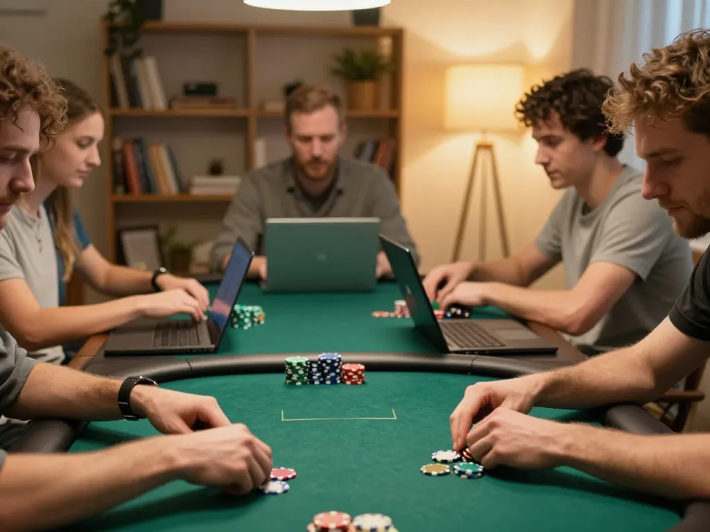 Engaging online poker game session at home featuring players strategizing, Uk88 highlighted for its user-friendly interface.