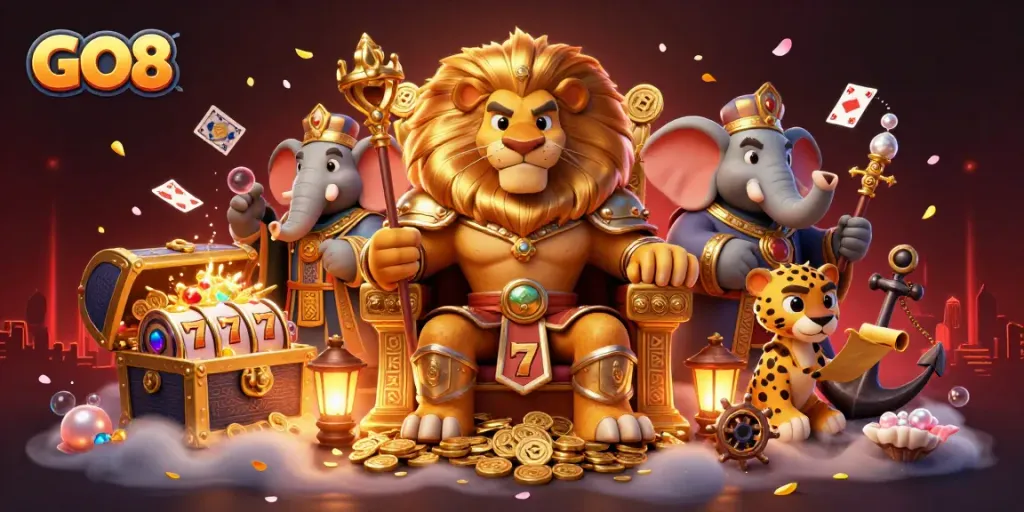 Engage in GO8 casino excitement with a fierce lion king and dynamic slot reels in a vibrant scene.